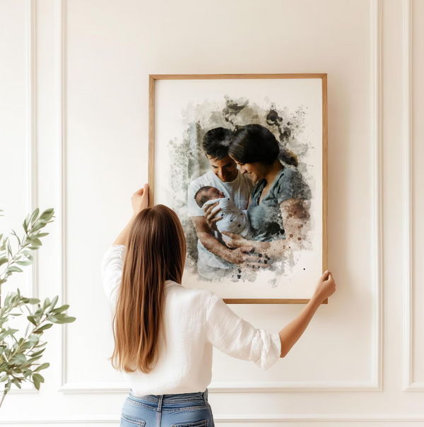 Portrait de Famille Style Aquarelle – Tableau Personnalisé d'après Photo